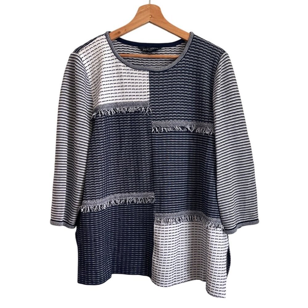 Ming Wang Women Tunic Top Size XL Navy Stripe Nautical Patchwork Boho Coastal